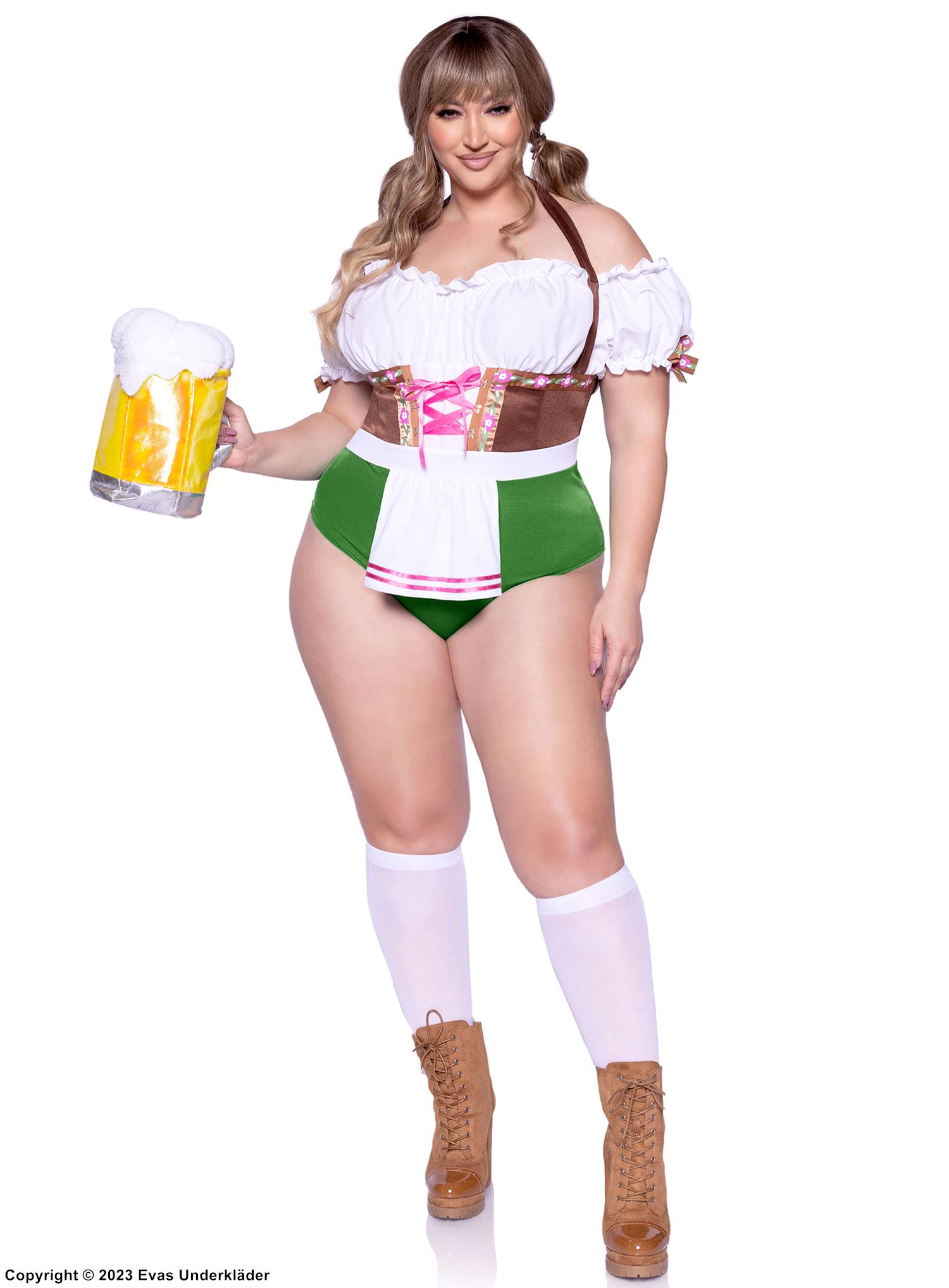 Oktoberfest-Bedienung, Kostüm-Dessous-Body, Schnürung, Rüschenbesatz, Cold Shoulder, Plus Size